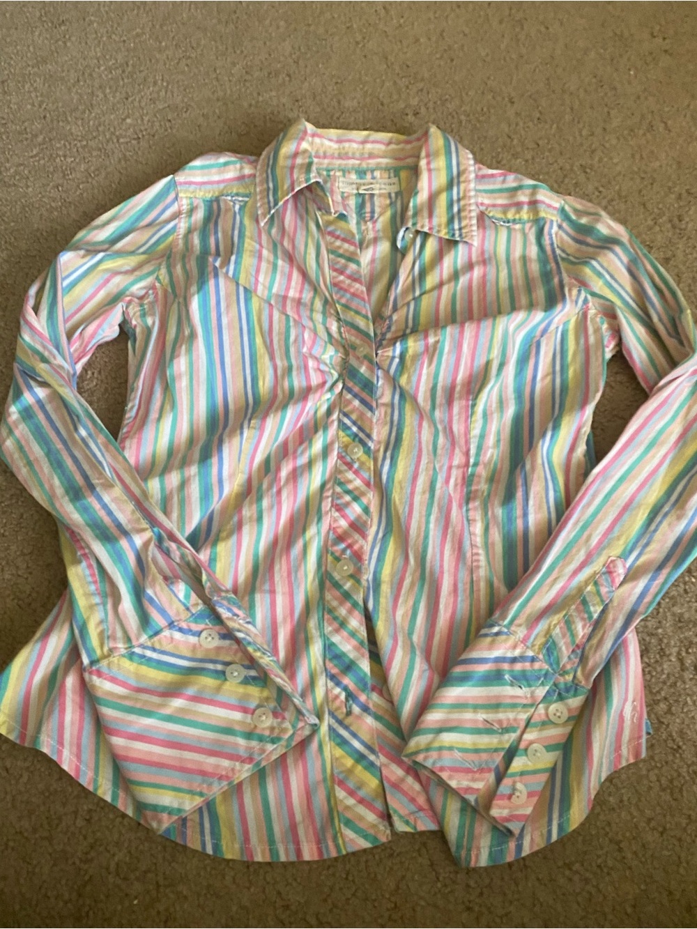 Vintage Y2K 2005 Tommy Jeans Pastel Rainbow Candy Stripe Button Down Blouse L